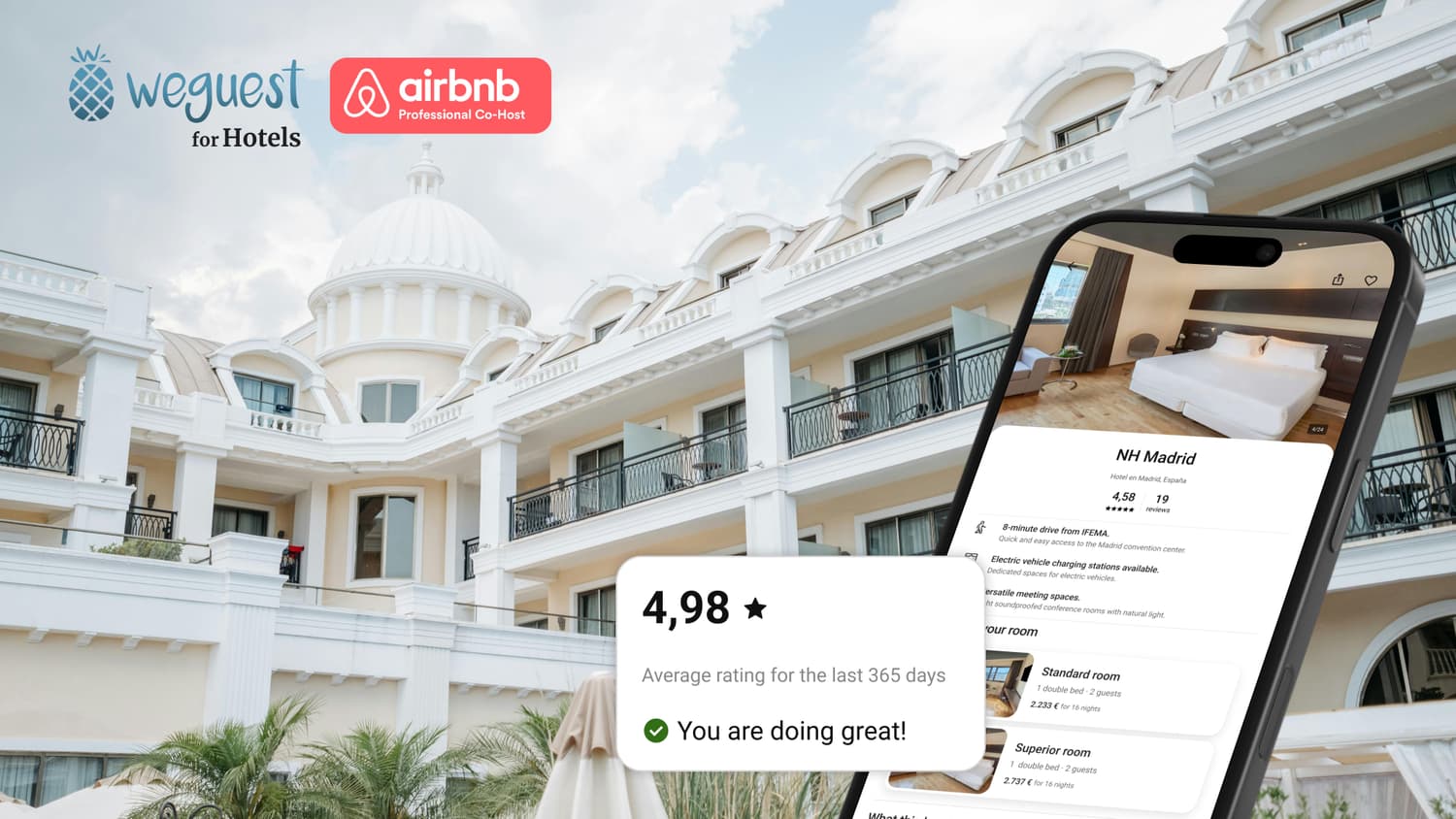Weguest para Hoteles, gestión profesional del hotel en Airbnb, con listing optimizado, comunicaciones con huésped 24/7 y gestión de reputación