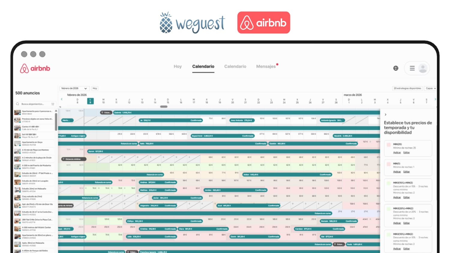 Panel de Airbnb con calendario y channel manager para ajustar el precio Airbnb y aplicar precios inteligentes según demanda