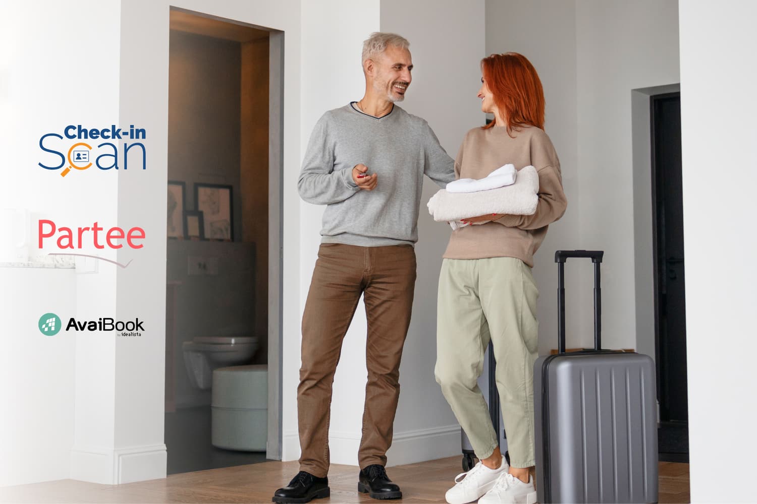 Huéspedes llegando con maleta y toallas, junto a logos de apps recomendadas para el registro de viajeros en España